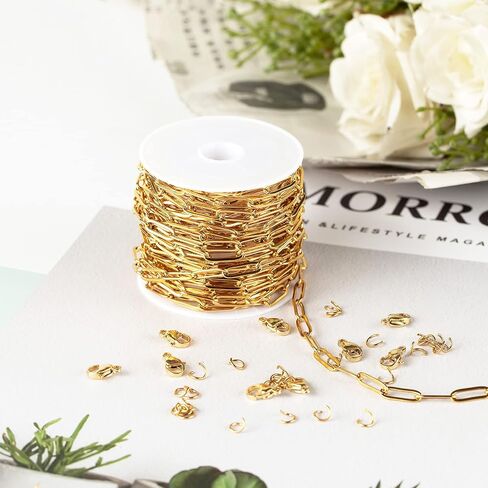 Jabogrii 32.8 Feet Gold Plated Chain Link Thin Stainless Steel Chain Spool Bulk Necklace with Lobster Clasp and Jump Rings for Jewelry Making DIY Bracelet Anklet in Saudi Arabia