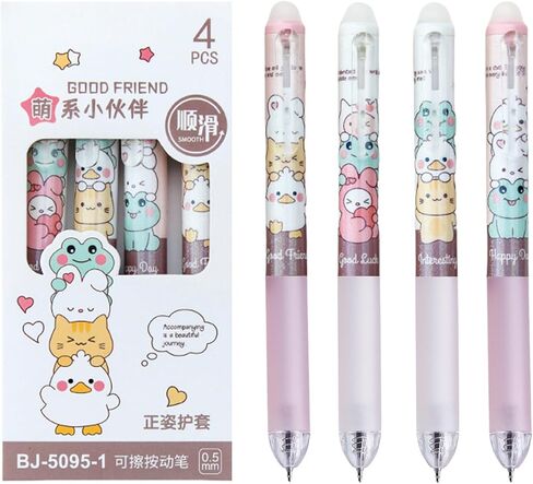 4 Pcs Erasable Gel Pens Cartoon Retractable Erasable Pens Cute Animal Erasable Pens 0.5mm Black Ink Writing Pen Office School Pens Women Girls Boys Pens (Animal-Black Ink) in Kuwait