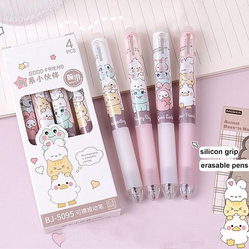 4 Pcs Erasable Gel Pens Cartoon Retractable Erasable Pens Cute Animal Erasable Pens 0.5mm Black Ink Writing Pen Office School Pens Women Girls Boys Pens (Animal-Black Ink) in Kuwait