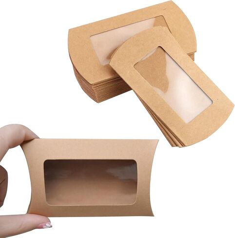 40PCS Kraft Paper Mini Pillow Backaging Box مع نافذة صافية ، صندوق تعبئة هدايا التغليف لمخبز Candy Chocolate Jewelry Party حفل زفاف (بني ، 5 × 3 × 0.8 بوصة) in Kuwait
