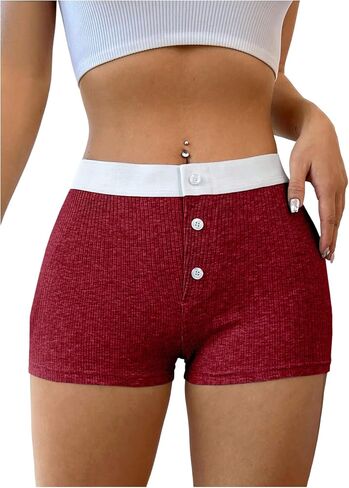 SweatyRocks Women's Color Block Ribbed Shorts Button Front High Waist Slim Fit Gym Yoga Shorts in Saudi Arabia