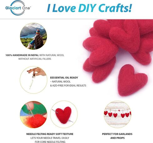 Glaciart One White Felted Hearts - 1.5" (10 Pcs) - Needle Felting - Needle Felting & Essential Oils Ready - Handmade in Nepal Using 100% Natural New Zealand Wool, for Art Projects & Valentines Decor in Kuwait