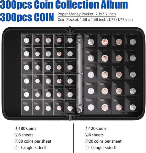 Fireproof Coin Collection Book Holder for Collectors, 300 Pockets Coin Collection Supplies & 36 Sleeves Money Storage Case, Waterproof Coin Collector Gifts, Coin Album, Bill, Pennies, Quarters, Stamp in Saudi Arabia