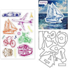 INFUNLY Transportation Stamp and Die for Card Making Colorful Car Rubber Stamps Plane Silicone Stamps Large A4 Size Journey Seal Stamps DIY Die Cuts for Card Making Scrapbooking Photo Album Decor