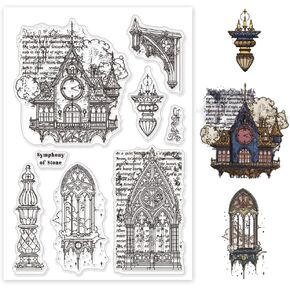 GLOBLELAND Gothic Architecture Clear Stamps Vintage Text Silicone Clear Stamp Seals Retro Church Transparent Stamps for DIY Scrapbooking and Cards Making Photo Album Journal 6.3x4.33inch