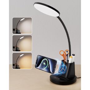 hansang LED Desk Lamp for Home Office with Wireless Charger, 3 Color Modes, Stepless Dimmable, Touch Control Black Study Lamp with Pen Holder for College Dorm Room, CRI 90, 800 Lumen, Adapter Included