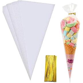 100 Pieces Popcorn Bags for Party Cone Shape Bags Transparent Cello Bags Sweet Clear Treat Bags with 100 Pieces Twist Ties, 9.8 x 5.1 Inch (Gold Twist Ties)