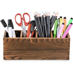 ALL Music-box Wood Pencil Holder for Desk, Wooden Pen Pencil Organizer with 4 Compartment, Multi-Functional Desk Organizer for Pen Pencil Office Supplies Remotes