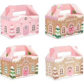 Whaline 24Pcs Christmas Treat Boxes with Handles Pink Gingerbread House Goodie Candy Bags Xmas Gable Paper Gift Containers for Cookie Snack Present Party Favor Supplies, 4 Designs