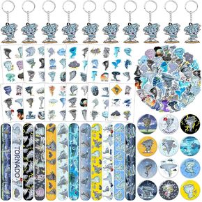 98 PCS Tornado Party Favors, Tornado Temporary Tattoos Slap Bracelets Keychains Stickers Badges for Tornado Birthday Party Decorations Supplies Gifts for Kids Teens Boys Girls Classroom Rewards