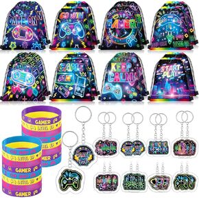 Talltalk 48 Pcs Neon Video Game Party Favors Set 16 Pcs Drawstring Backpack Goodie Bags Snack Candy Treat Bags 16 Wristband Rubber Bracelet 16 Keychains for Neon Video Game Birthday Party Decoration