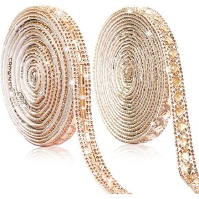 2 Rolls/6 Yards Self Adhesive Crystal Rhinestone 2 Styles Diamond Ribbon, Bling Rhinestones Ribbon Sticker Car Decoration Glitter Rhinestones Gem Stickers for DIY Art Crafts Gift Decoration (Gold)