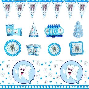 130pcs طفل الأسنان فيرست موضوع حفلة يمكن التخلص منها بلوحة الورق الأزرق كوب صفيحة بوي فتاة مسننة الحزب اللوازم الزخارف الحفلات الأسنان الأولى لصبي أتامهاتيك ، مجموعة واحدة ، th-001 in Saudi Arabia