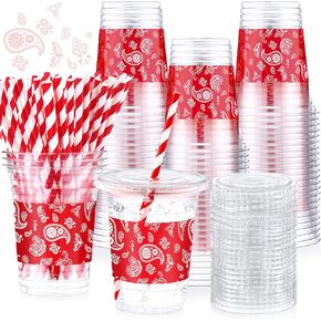 Honeydak 150 PCS Cowboy Party Cups Western Cowboy Set 50 pcs 16 Oz Bandana Red Bandana Clear يمكن التخلص منها مع 50 Lids و 50 Straws Paper Western Party Cups Decoration for Cowboy Birthday Supplies