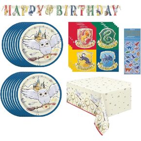 Harry Potter Birthday Party Supplies Bundle Pack includes 16 Dessert Cake Plates, 16 Napkins, 1 Table Cover, 1 Happy Birthday Banner, 1 Dinosaur Sticker Sheet