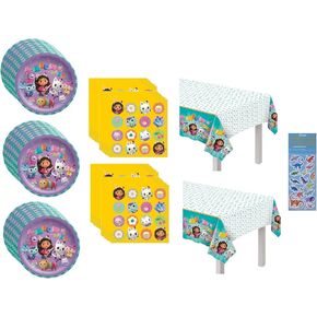 Gabbys Dollhouse Birthday Party Supplies Bundle includes 24 Lunch Paper Plates, 32 Paper Napkins, 2 Plastic Table Cover, 1 Dinosaur Sticker Sheet