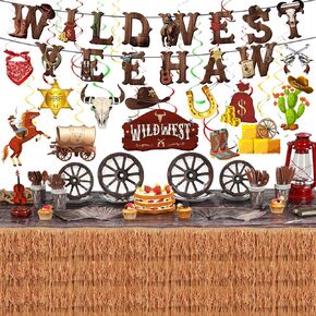 Zhehao 142 Pcs Western Party Decor Cowboy Party Supplies Wild West Yee Haw Banners Western Hanging Swirls Tablecloths Grass Table Skirt Tableware Set Ceiling Streamers for Baby Shower Birthday Party