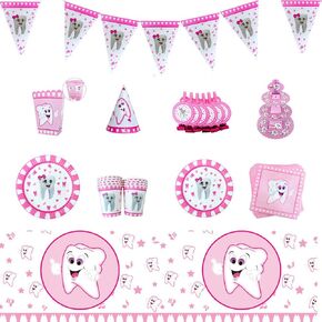 130Pcs Baby First Tooth Theme Party Disposable Party Blue Paper Plate Cup Plate Boy Girl Toothed Party Tableware Supplies First Tooth Party Decorations for Boy Atamhatik, One set, Th-001