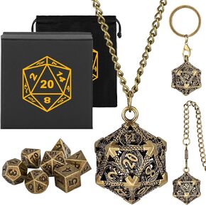 Mini DND Dice Set with Portable Keychain Necklace Pocket Chain Hollow D20 Metal Case, Tiny 7pcs Polyhedral Metal D&D Dice Set, DND Gifts with Gift Box, Role Playing Board Games Accessories, Silver
