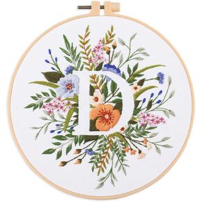 IUHUI Embroidery Kit for Beginners Adults - 26 Floral Letters Easy Patterns, DIY Hand Stitching Embroidery Set with Hoop (Flower and Grass Letter D)