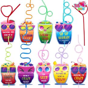 Joyin 36 Pack Loop Colorful Loop Stuse Drink Straws مع بطاقات هدايا للأطفال Favors Toy ، جوائز تبادل هدايا الأطفال في الفصل الدراسي