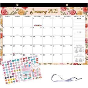 2025-2026 Wall Calendar, 16.9" x12" Large Blocks Space, 18 Monthly Wall Calendar, Jan 2025 - Jun 2026,Holiday reminder, with Stickers and Lanyards, Perfect for School & Home Living room (green leaves)
