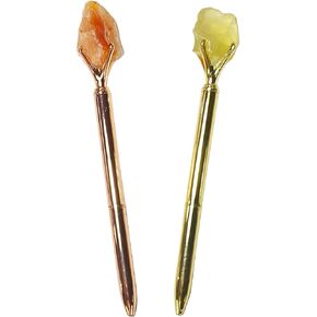 Sonoran Souvenirs 2Pc Genuine Natural Crystal Pens Ballpoint Pens for Manifestation Journals Meaningful Gifts (Carnelian & Citrine)