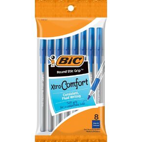 BIC Round Stic Grip Xtra Comfort Ballpoint Pen, Medium Point (1.2mm), Blue, 8-Count