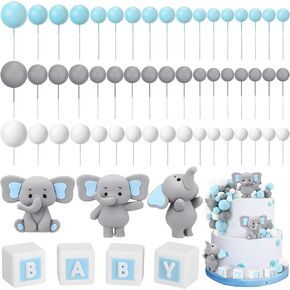 Roowest 85 Pcs 3D Bear Elephant Cake Toppers Foam Ball Cake Toppers Mini Balloons Decorations for Boy Girl Kids Baby Shower Birthday Party Decorations(Blue Elephant Style)