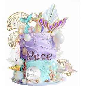 Mermaid Cake Toppers, Mermaid Tail Decorations, White Pearl Balls for Girl Birthday, Silver Happy Birthday Cake Toppers, Under the Sea Party, Mermaid Theme Party, Baby Shower Supplies(A)(B)