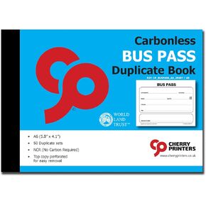 Cherry Printers | Bus Pass | Duplicate Book | 2 part | Carbonless | NCR | 50 Sets per book | A6-5.8 x 4.1 inches