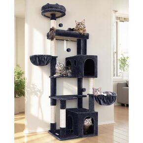 F73 Heavy Duty Cat Tower, 73" Tall Cat Tree for Multiple Indoor Cats Adult Large, Multi-Level Cat Tower with 5 Scratching Posts, 2 Cat Condos, 2 Padded Perches, 2 Hanging Baskets, Dark Gray