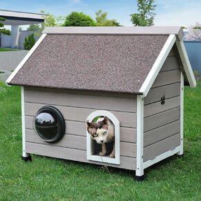 HiCaptain Weatherproof Outdoor Cat House, Wooden Feral Cat House for Outside, Unique Small Pet House with Escape Door,Clear Bubble Window and Removable Attic-Grey