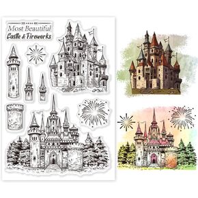 GLOBLELAND Castle Clear Stamps Fireworks Clear Stamps Retro Castle Flat Blessings Words Silicone Clear Stamp Seals for DIY Scrapbooking Photo Album Decorative Cards Making 6.3x4.3inch