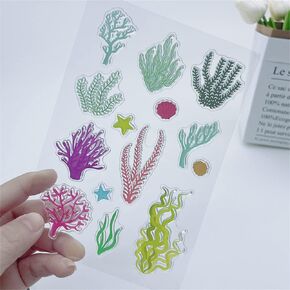 Seaweed Coral Pufferfish Fish Crab Pattern Clear Stamps Hippocampus Seahorses Transparent Seal Clear Stamps for Holiday Card Making Decoration and DIY Scrapbooking Album DIY Crafts
