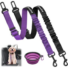 Vastar Dog Seat Belt, 21"-31" Adjustable Dog Car Harness Strap, Dog Tether with Elastic Bungee Buffer, Dog Car Leash with Universal Clip, Dog Seatbelt with Foldable Bowl, Heavy Duty Nylon & Zinc Alloy