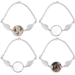 Framendino, 4 Set Sublimation Angel Wing Bracelets Blanks Heat Transfer Bracelet Adjustable Round Photo Bezel Tray Personalized Picture Craft Setting for Women