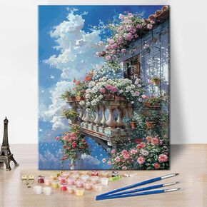 TUMOVO Paint by Numbers Kit for Adults Flowers in The Balcony of an Old House DIY Paint by Numbers for Adults Flower Oil Painting with Brushes Adult Paint by Number Kits Art Crafts 16x20 in