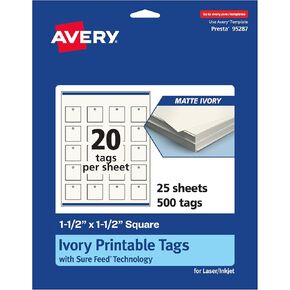 Avery Printable Square Tags with Sure Feed Technology, 1-1/2" x 1-1/2", Matte Ivory Cardstock, Print-to-the-Edge, Laser/Inkjet, 200 Total, Great for Custom Gift Tags and Branding Tags