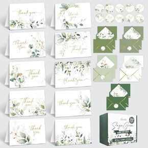 Decorably 100 Pack 6x4in Sage Green Thank You Cards with Envelopes, 10 Elegant Designs Thank You Cards Greenery, Blank Inside - Wedding, Bridal Shower, Baby Shower