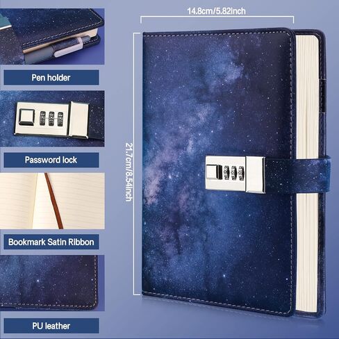 Journal with Lock for Girls and Women, Waterproof PU Leather Diary with Lock, A5 Refillable Notebook with Combination Lock 192 Pages, Secret Password Journal for Teen, Starry Blue Notebook in Saudi Arabia