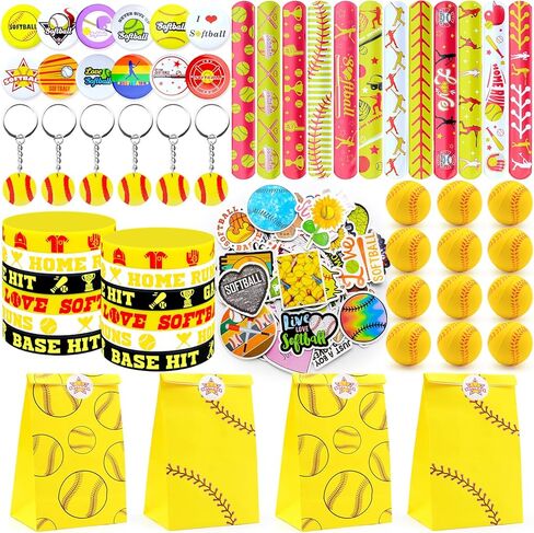 122Pcs Softball Party Favors Softball Goodie Bags Stuffers with Stress Ball Keychain Sticker Badges Silicone Bracelet for Softball Birthday Party Decorations in Kuwait