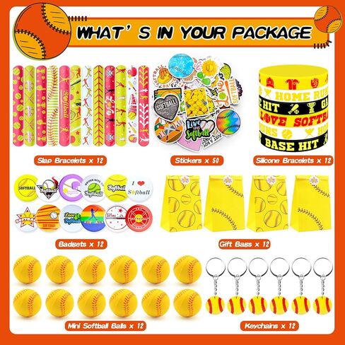 122Pcs Softball Party Favors Softball Goodie Bags Stuffers with Stress Ball Keychain Sticker Badges Silicone Bracelet for Softball Birthday Party Decorations in Kuwait