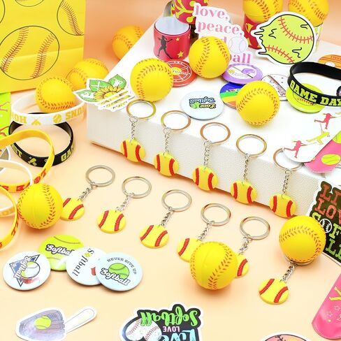 122Pcs Softball Party Favors Softball Goodie Bags Stuffers with Stress Ball Keychain Sticker Badges Silicone Bracelet for Softball Birthday Party Decorations in Kuwait