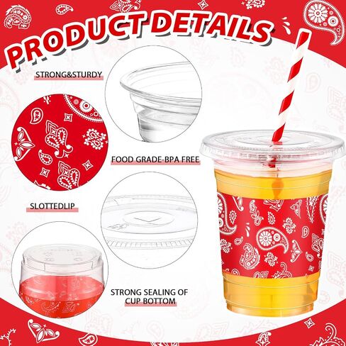 Honeydak 150 PCS Cowboy Party Cups Western Cowboy Set 50 pcs 16 Oz Bandana Red Bandana Clear يمكن التخلص منها مع 50 Lids و 50 Straws Paper Western Party Cups Decoration for Cowboy Birthday Supplies in Kuwait