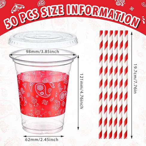 Honeydak 150 PCS Cowboy Party Cups Western Cowboy Set 50 pcs 16 Oz Bandana Red Bandana Clear يمكن التخلص منها مع 50 Lids و 50 Straws Paper Western Party Cups Decoration for Cowboy Birthday Supplies in Kuwait