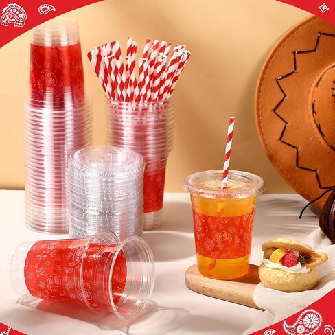 Honeydak 150 PCS Cowboy Party Cups Western Cowboy Set 50 pcs 16 Oz Bandana Red Bandana Clear يمكن التخلص منها مع 50 Lids و 50 Straws Paper Western Party Cups Decoration for Cowboy Birthday Supplies in Kuwait