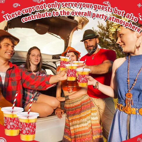 Honeydak 150 PCS Cowboy Party Cups Western Cowboy Set 50 pcs 16 Oz Bandana Red Bandana Clear يمكن التخلص منها مع 50 Lids و 50 Straws Paper Western Party Cups Decoration for Cowboy Birthday Supplies in Kuwait