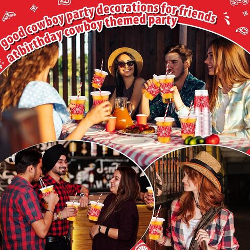 Honeydak 150 PCS Cowboy Party Cups Western Cowboy Set 50 pcs 16 Oz Bandana Red Bandana Clear يمكن التخلص منها مع 50 Lids و 50 Straws Paper Western Party Cups Decoration for Cowboy Birthday Supplies in Kuwait