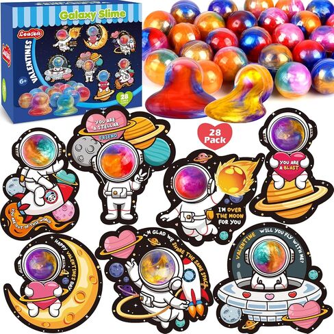 28 Pack Valentines Day Gifts for Kids, Galaxy Slime with Greeting Cards Stress Relief Fidget Set for Kids, Valentine's Day Classroom Exchange Prizes Party Favor, School Party Gifts in Saudi Arabia